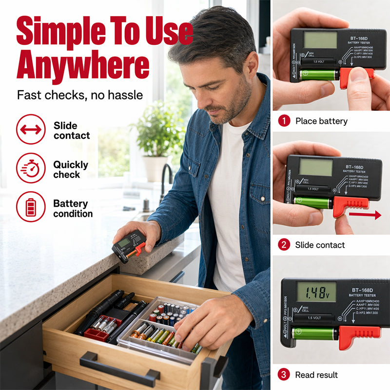 đ 50% RABATT NU! đ Universell digital batteritestare â LĂ€ttavlĂ€st display, Kompakt & Enkel hantering â Perfekt för Bilbatterier, Lilla batterier, Verktyg & HushĂ„llsbruk đż