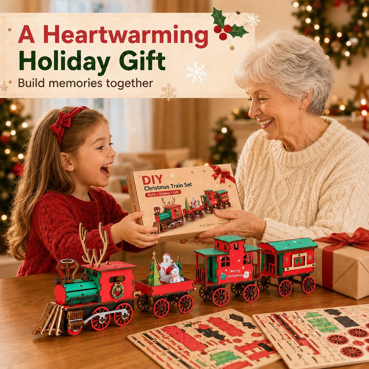 🎄LAST DAY 50% OFF – DIY Christmas Wooden Train Set 3D Assembly Puzzle Kit