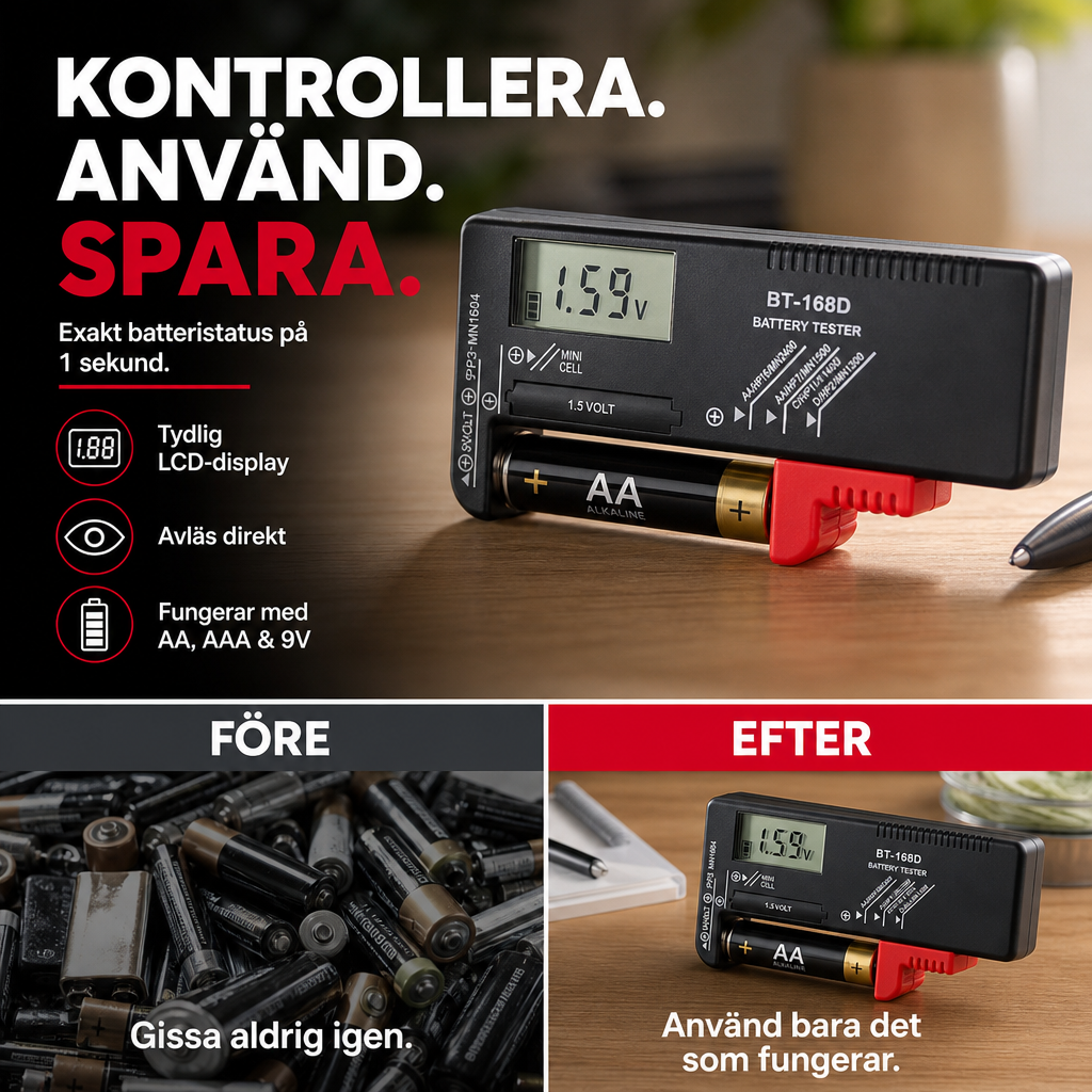 🛒 50% RABATT NU! 🔋 Universell digital batteritestare – Lättavläst display, Kompakt & Enkel hantering – Perfekt för Bilbatterier, Lilla batterier, Verktyg & Hushållsbruk 🌿
