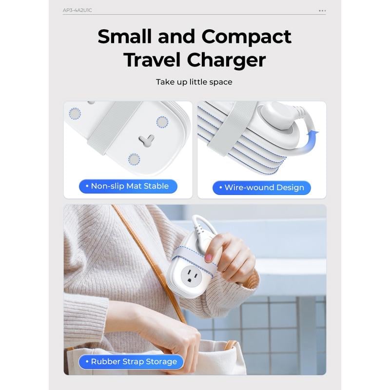 Travel Power Strip,4 Outlets 2 USB Ports (1 USB C) with 4FT Wrapped Short Extension Cord Small Power Strip