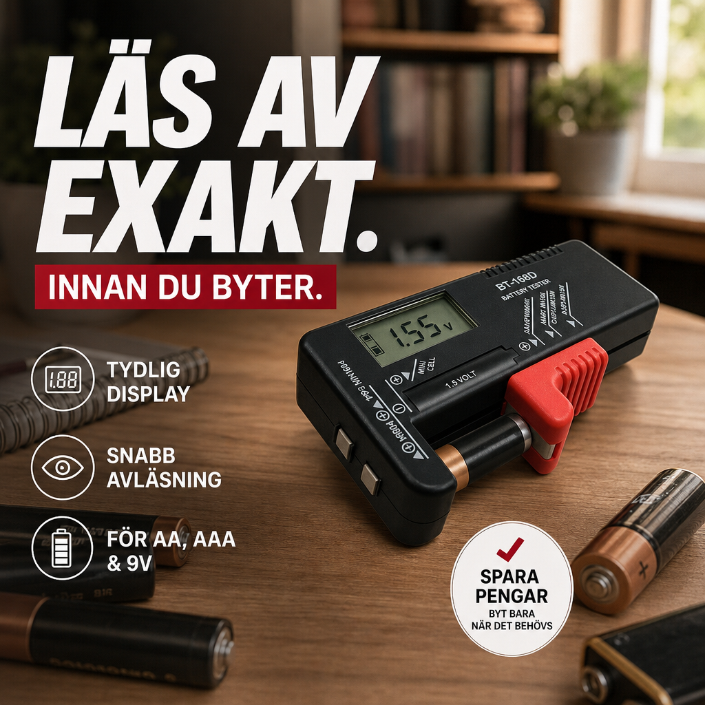 🛒 50% RABATT NU! 🔋 Universell digital batteritestare – Lättavläst display, Kompakt & Enkel hantering – Perfekt för Bilbatterier, Lilla batterier, Verktyg & Hushållsbruk 🌿