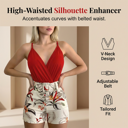 ??40% RABATT !! ⏰ V-Ausschnitt & High-Waist-Shorts-Set – Tropischer Print, 2-teiliges Urlaubsoutfit ?