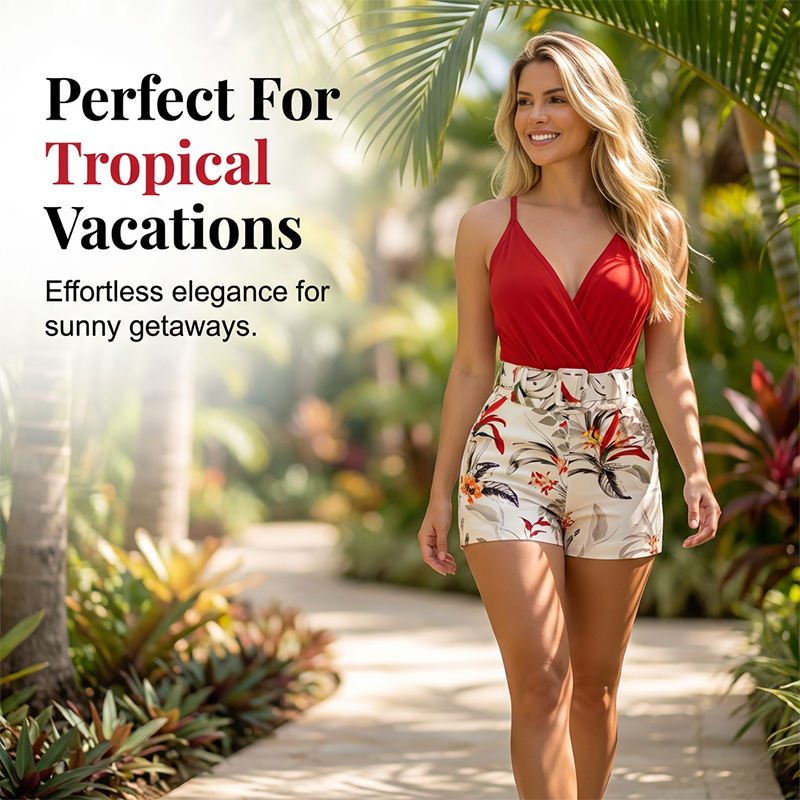 ??40% RABATT !! ⏰ V-Ausschnitt & High-Waist-Shorts-Set – Tropischer Print, 2-teiliges Urlaubsoutfit ?