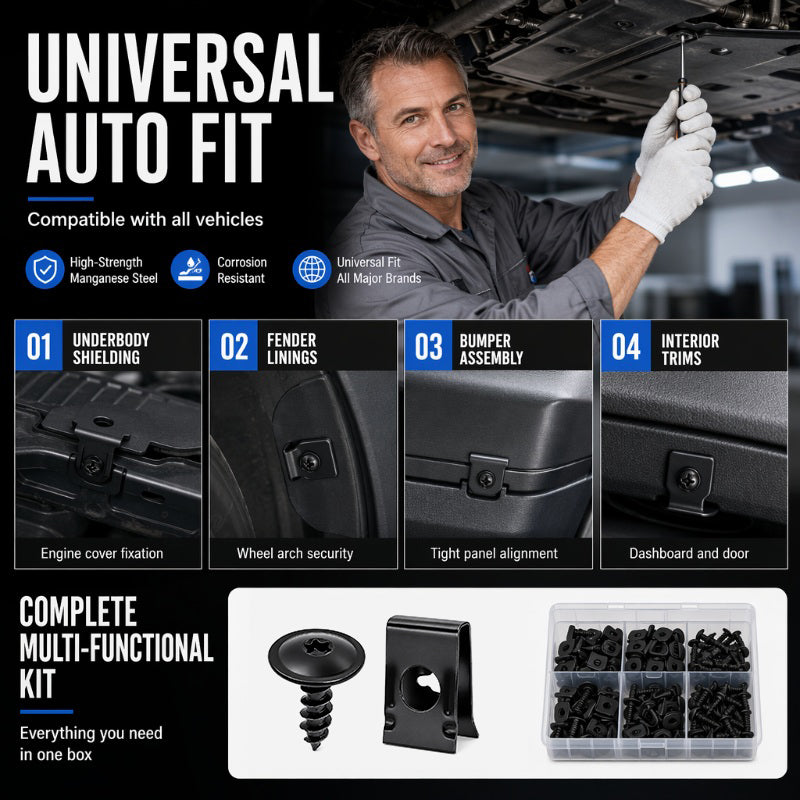 🔩🚗 Universal Car Metal U-Type Clips & Screws Set – Heavy-duty, rust-resistant & versatile sizes – Perfect for auto trim, panels & interior repairs 🔧